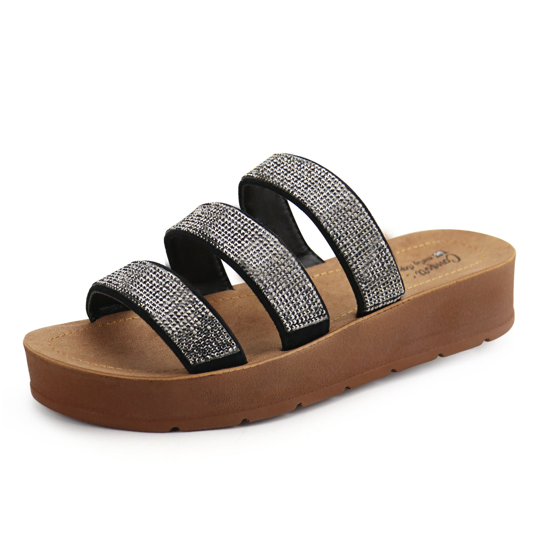 JABASIC Women Rhinestone Slide Sandals Slip on Strap Glitter Bling Sandals Casual Comfortable Sandals