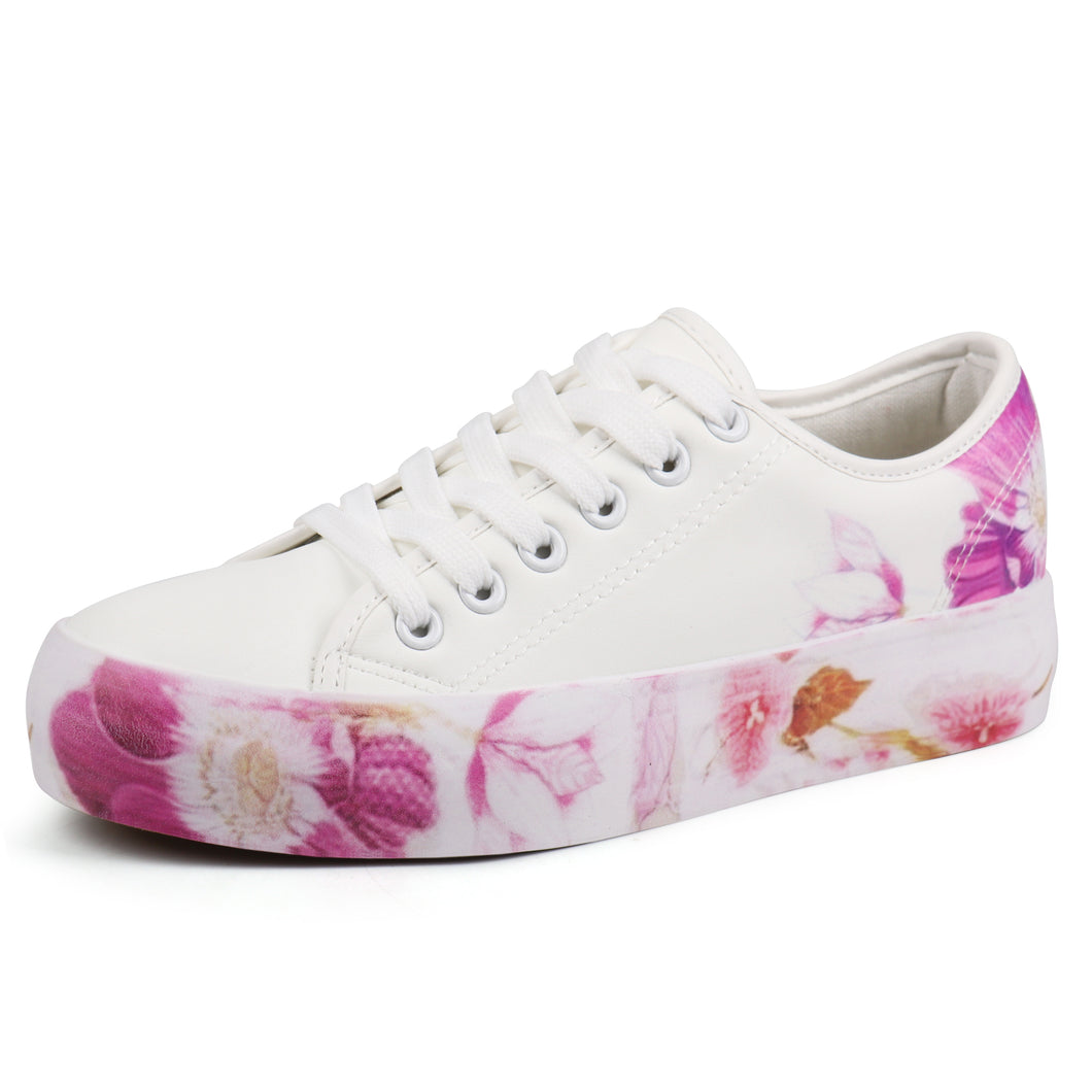 JABASIC Women Fashion Sneakers Floral Print Lace-up Casual Walking Shoes